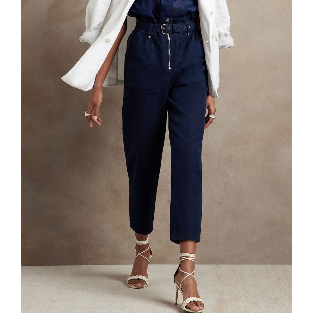 NWOT Cotton Linen The Paperbag Pant 14 Cropped Hyper Navy Banana Republic